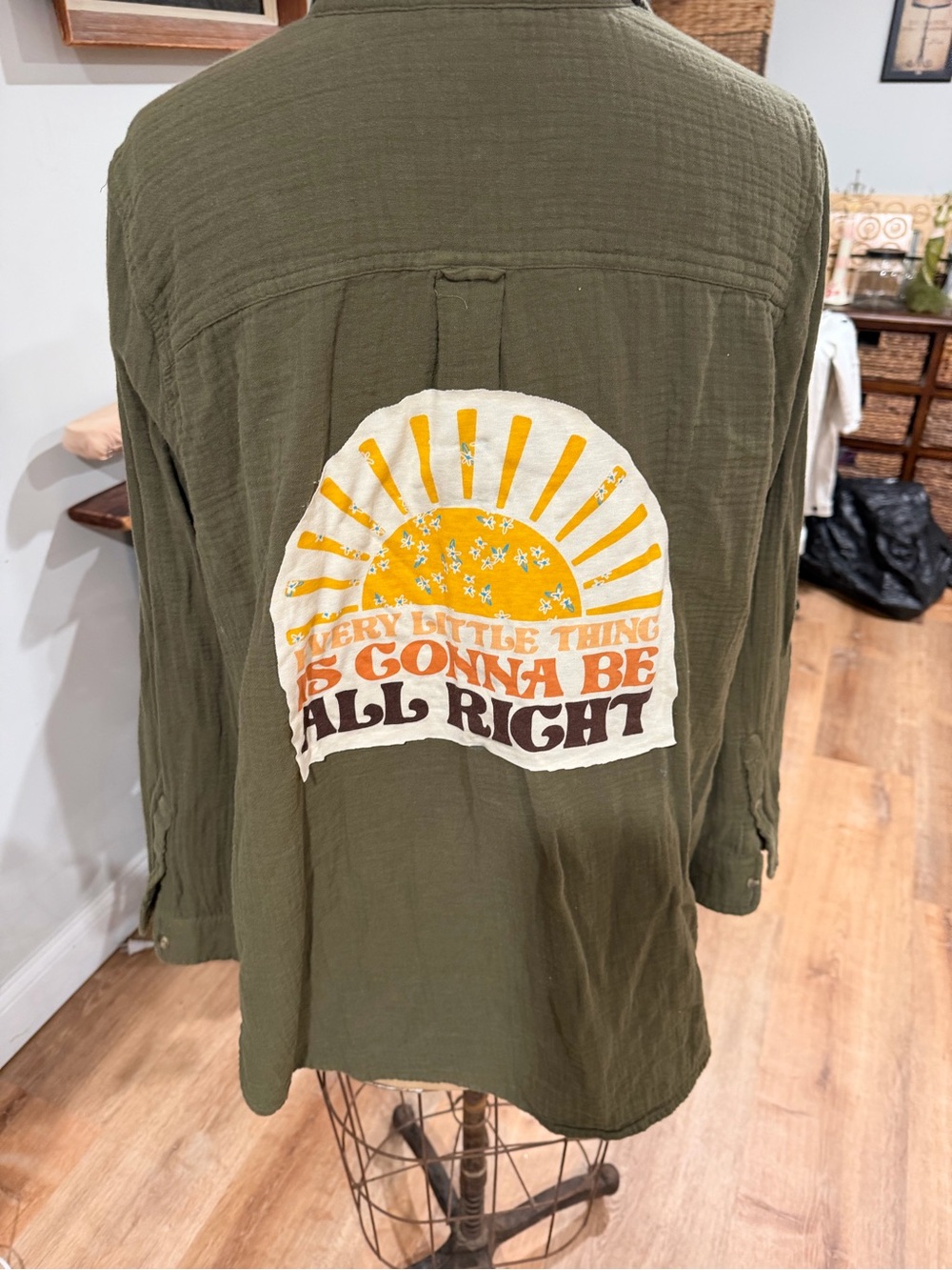 Sonoma Olive Green Button-Down Shirt with Retro Sun Graphic